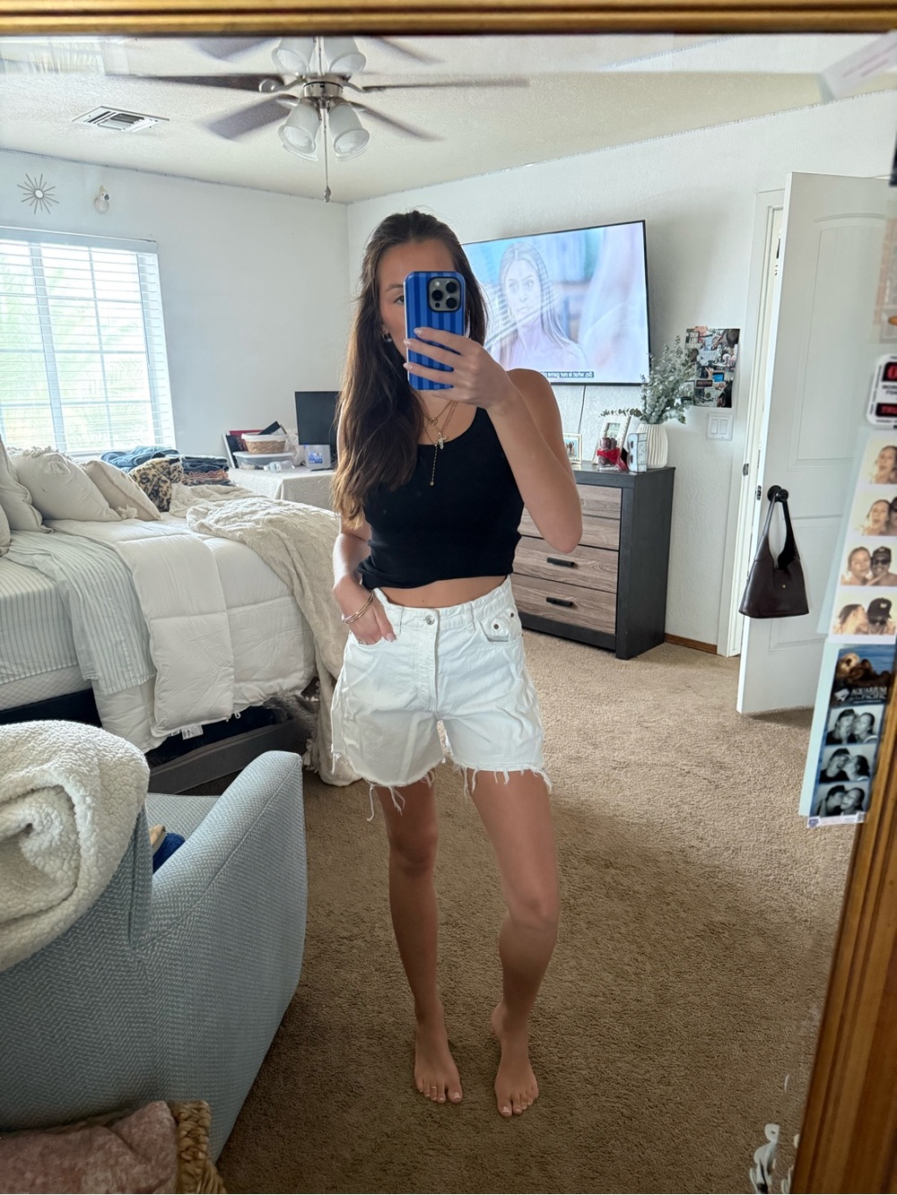 Zara White Distressed High-Rise Denim Shorts